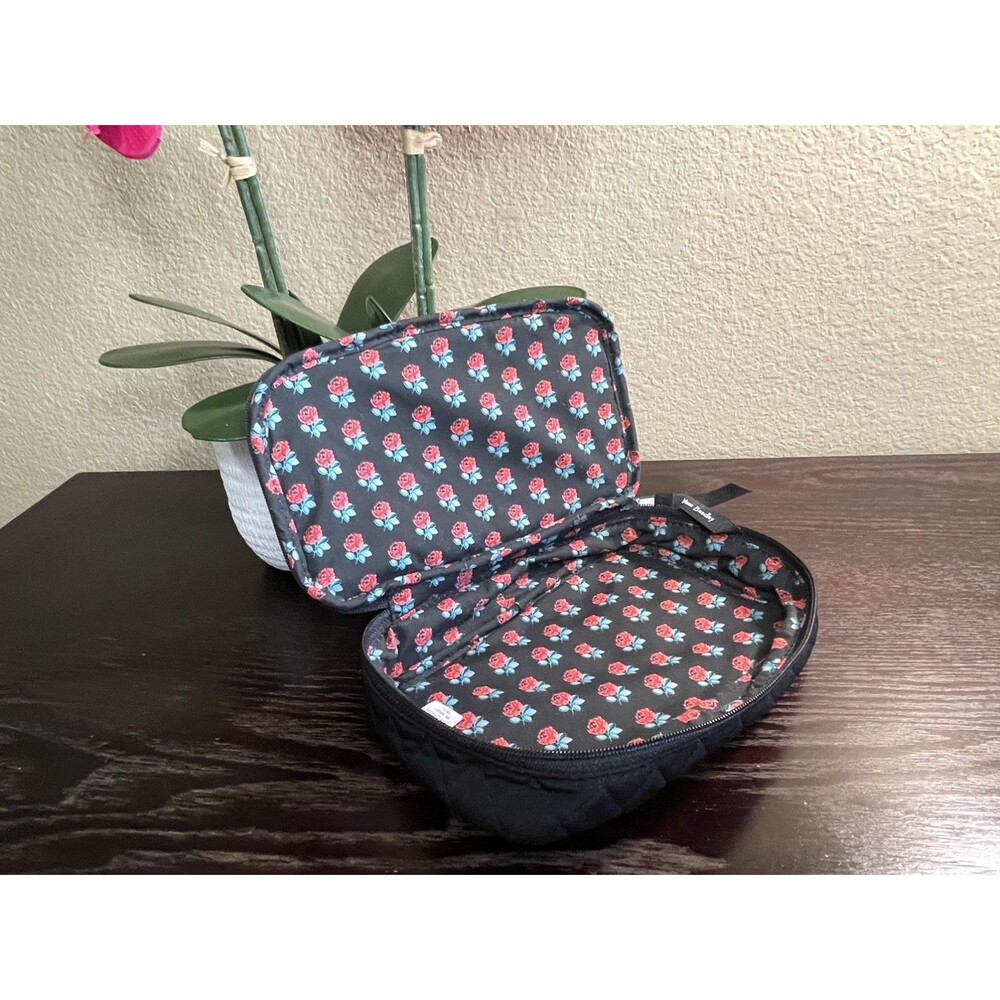 Vera Bradley Black Quilted Cotton Travel Cosmetic Bag Rose Floral Interior